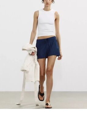 Zara Navy Crinkle High-Waist Drawstring Shorts